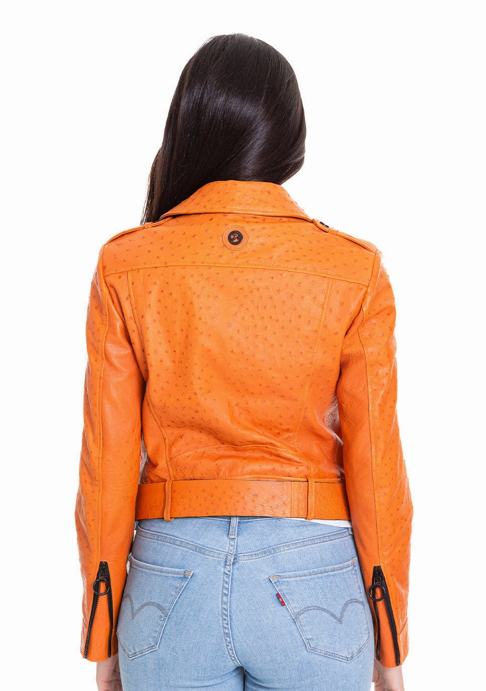The Martos Orange Ostrich Leather Women Jacket Jogging Jackets