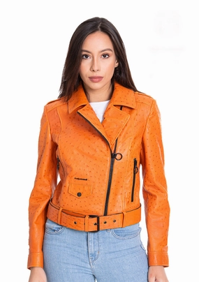 The Martos Orange Ostrich Leather Women Jacket Western Style Jackets
