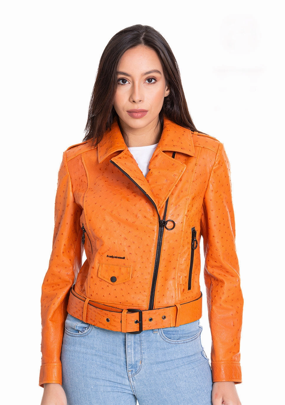 The Martos Orange Ostrich Leather Women Jacket Rock Jackets