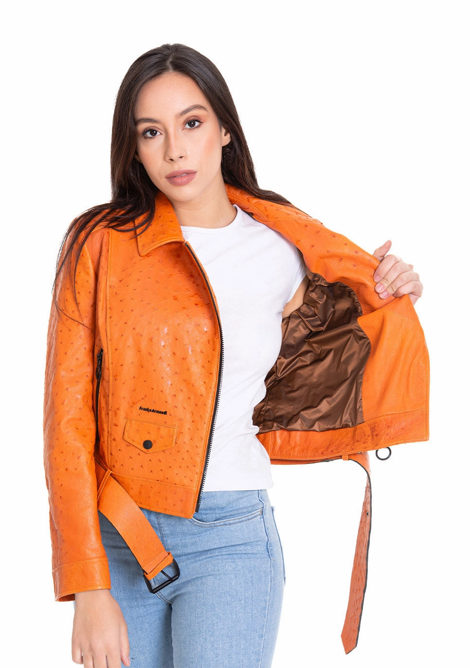 Plus Size Denim Jackets The Martos Orange Ostrich Leather Women Jacket