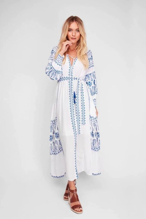 Slip Maxi Dress Bahia Maxi Dress White With Blue Embroidery Long Puffed Peasant Sleeves Embroidered Pockets Bohemian Tassel Ties Available In Small Medium Large Or XL