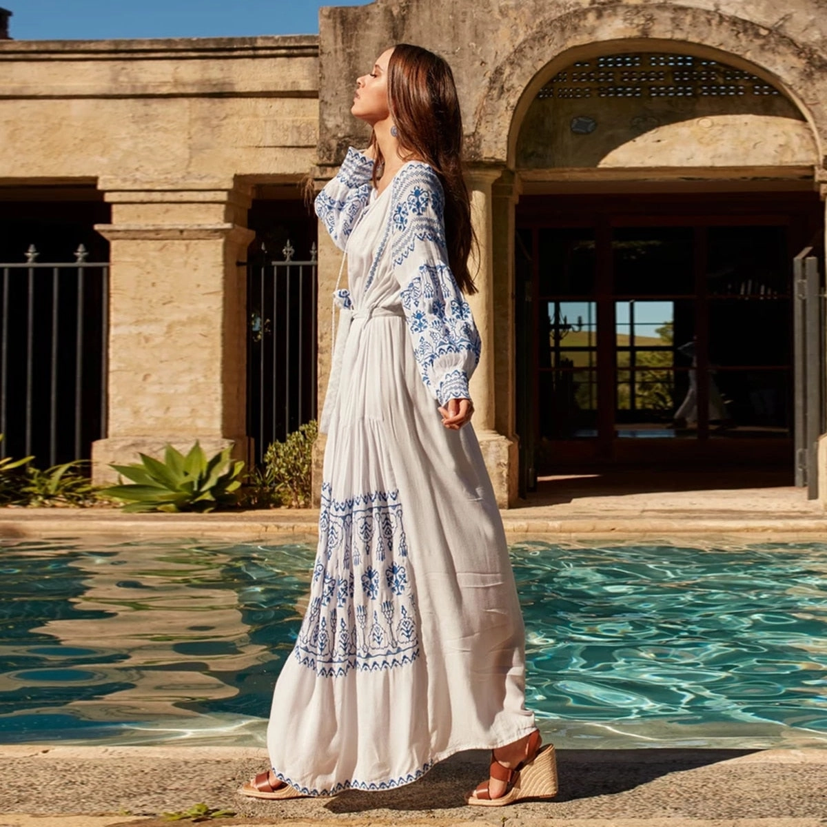 Crochet Maxi Dress Beach Bahia Maxi Dress White With Blue Embroidery Long Puffed Peasant Sleeves Embroidered Pockets Bohemian Tassel Ties Available In Small Medium Large Or XL