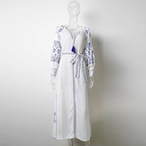 Lightweight Maxi Dress Bahia Maxi Dress White With Blue Embroidery Long Puffed Peasant Sleeves Embroidered Pockets Bohemian Tassel Ties Available In Small Medium Large Or XL