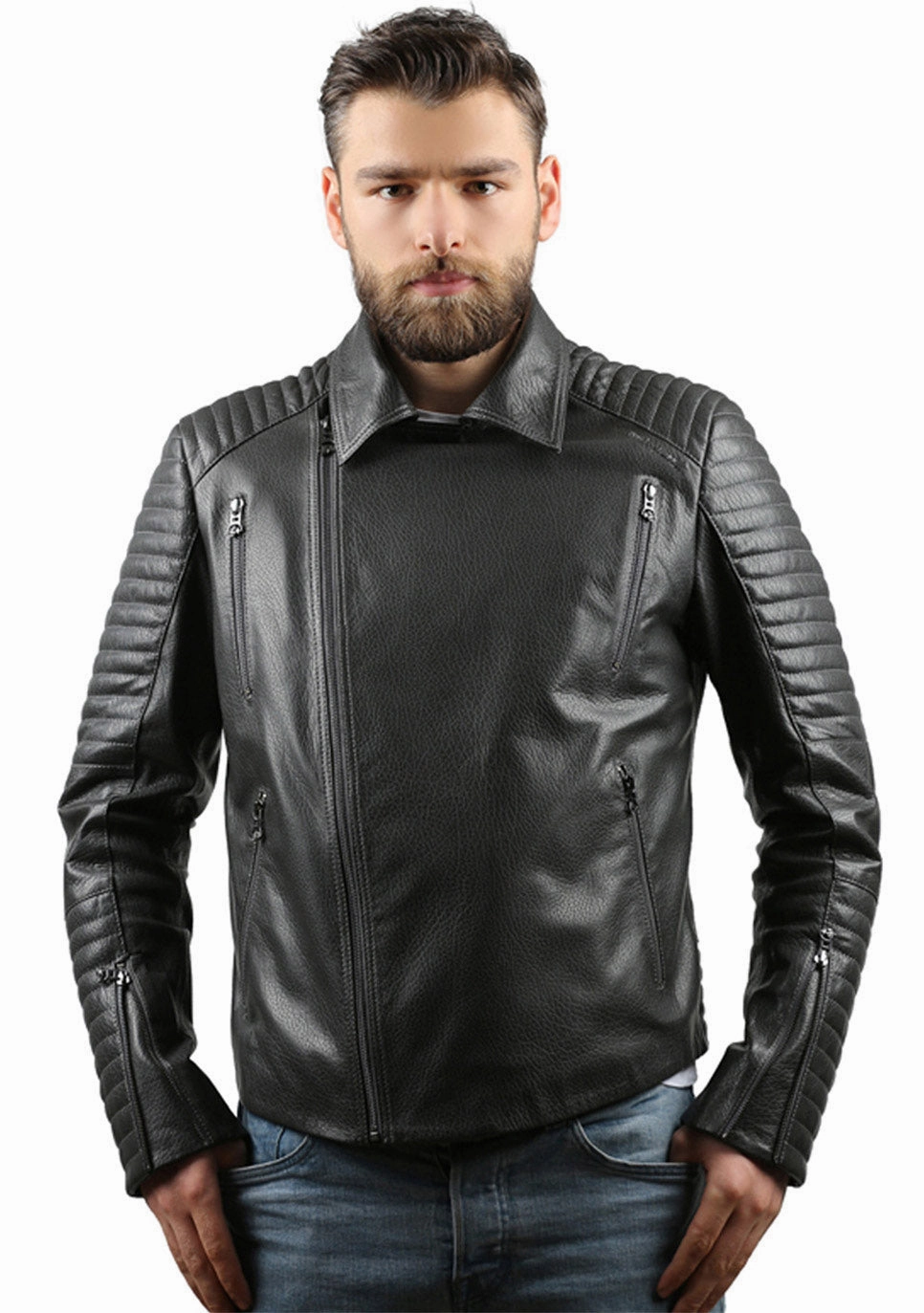 The Fossett Black Leather Men Jacket Black Shiny Jackets