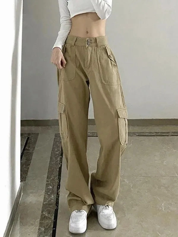 Paper Bag Cargo Pants Relaxed Utilitarian Women Cargo Pants - Mid-Rise Loose Fit