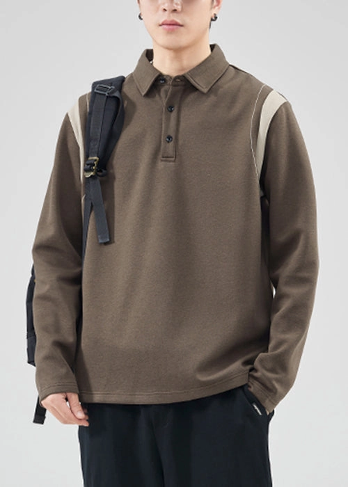 Michigan Sweatshirts Classy Mo Polo Sweatshirts Button Spring TC032 Patchwork Men Cotton Brown