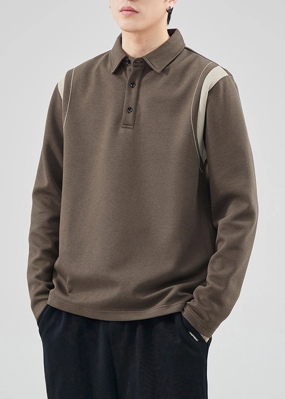 Classy Mo Polo Sweatshirts Button Spring TC032 Patchwork Men Cotton Brown Bar Sweatshirts
