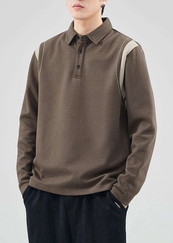 Classy Mo Polo Sweatshirts Button Spring TC032 Patchwork Men Cotton Brown