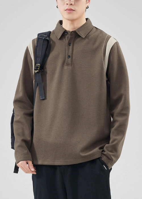 Classy Mo Polo Sweatshirts Button Spring TC032 Patchwork Men Cotton Brown