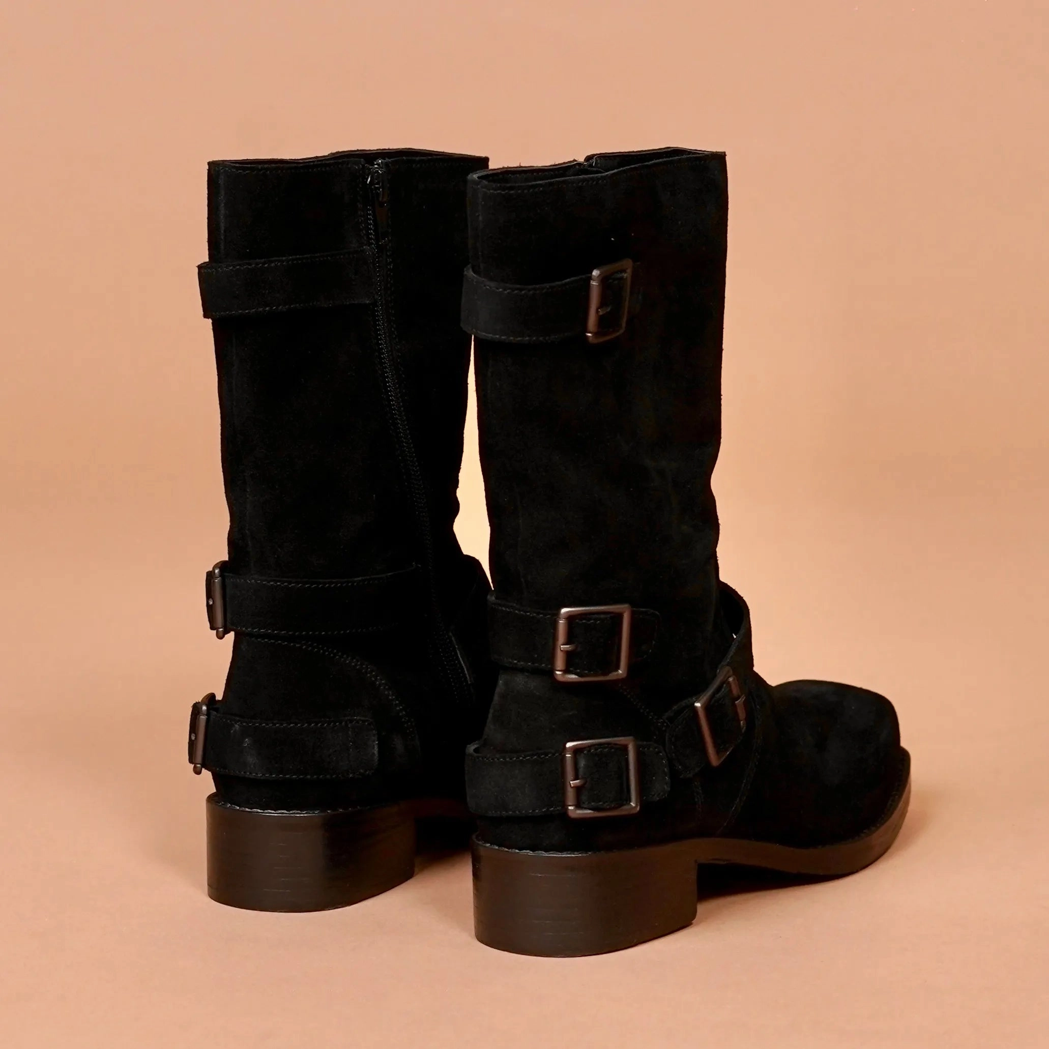 Stivali Donno Nero  Women's Black Suede Buckled Boots Brown Leather Over The Knee Boots