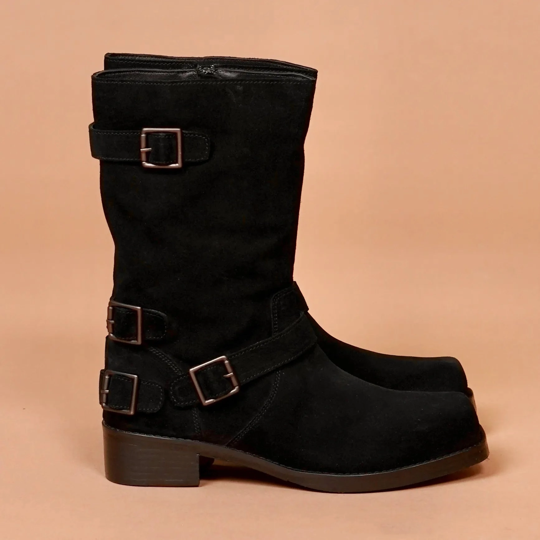 Stivali Donno Nero  Women's Black Suede Buckled Boots Wide Width Calf Boots