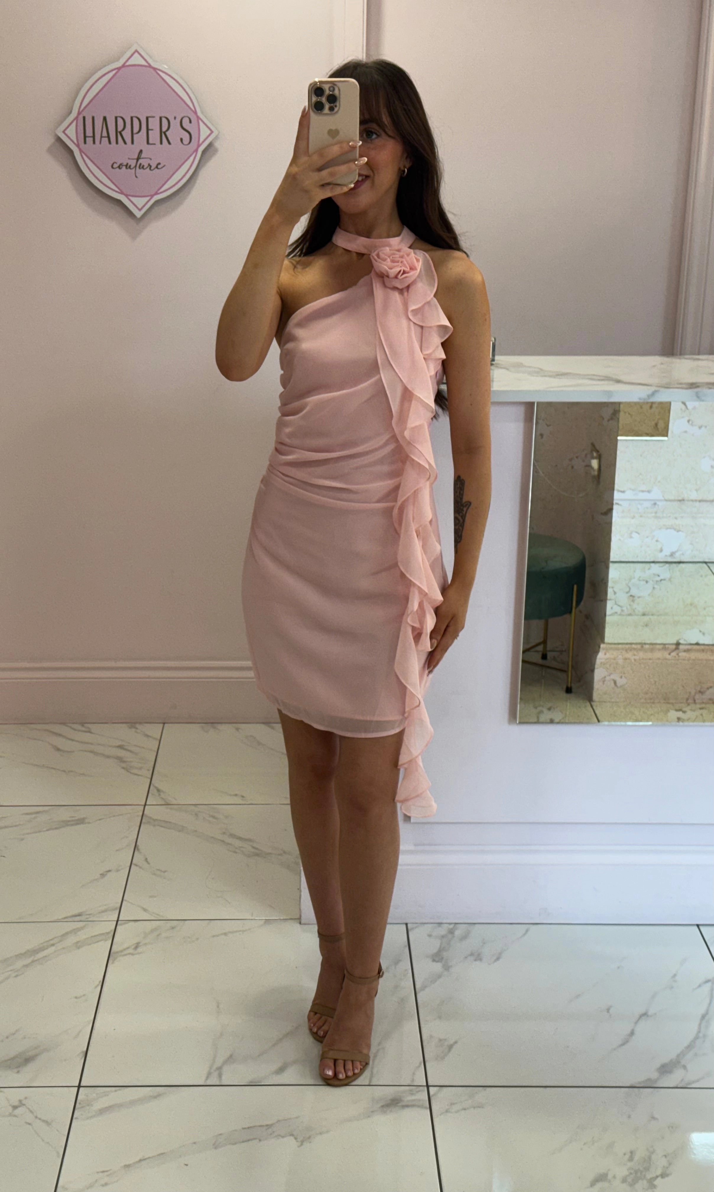 Rosie Pink Corsage & Sash Dress Long Flare Maxi Dress