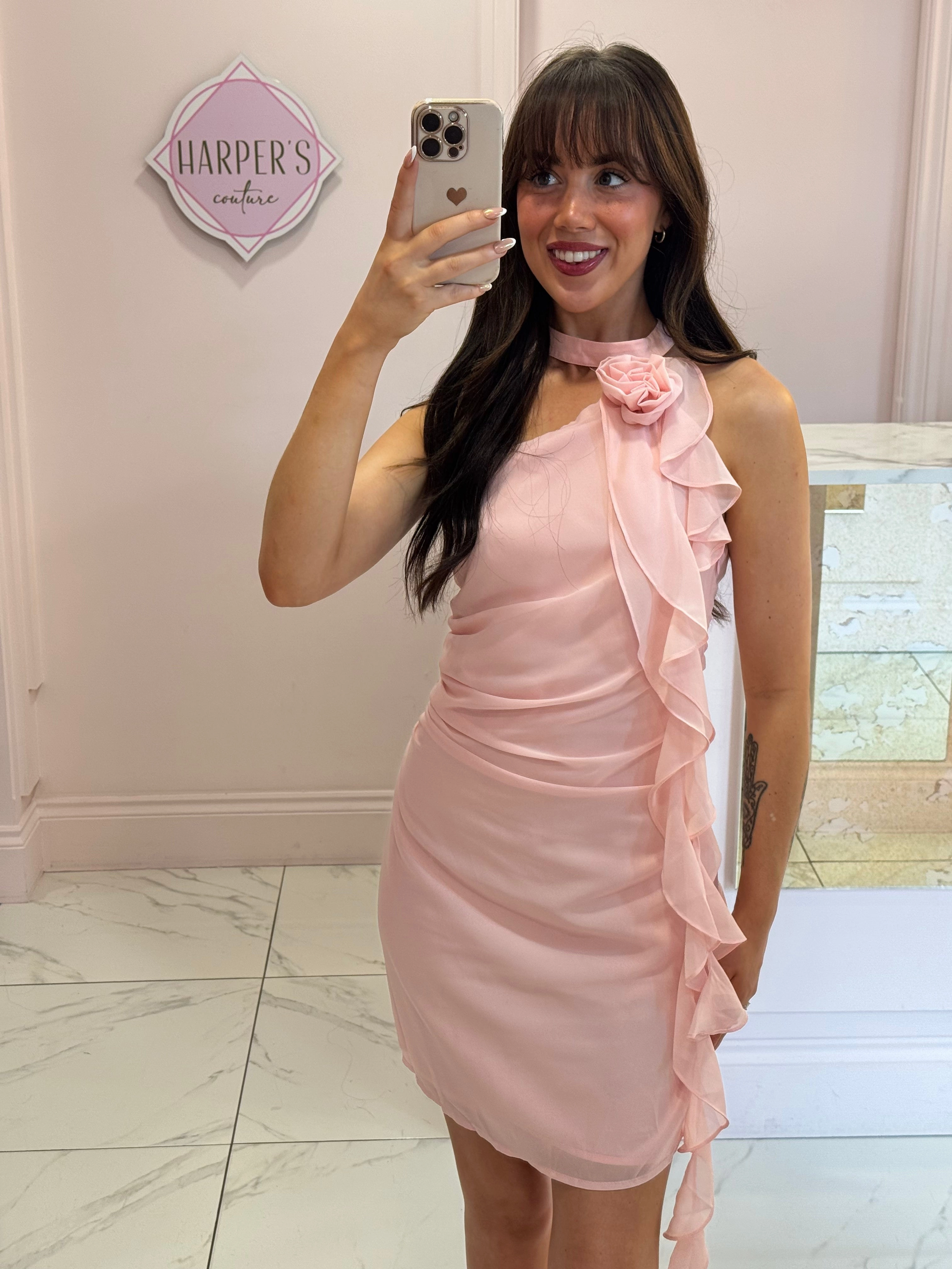 Jamila Lace High Neck Maxi Dress Rosie Pink Corsage & Sash Dress