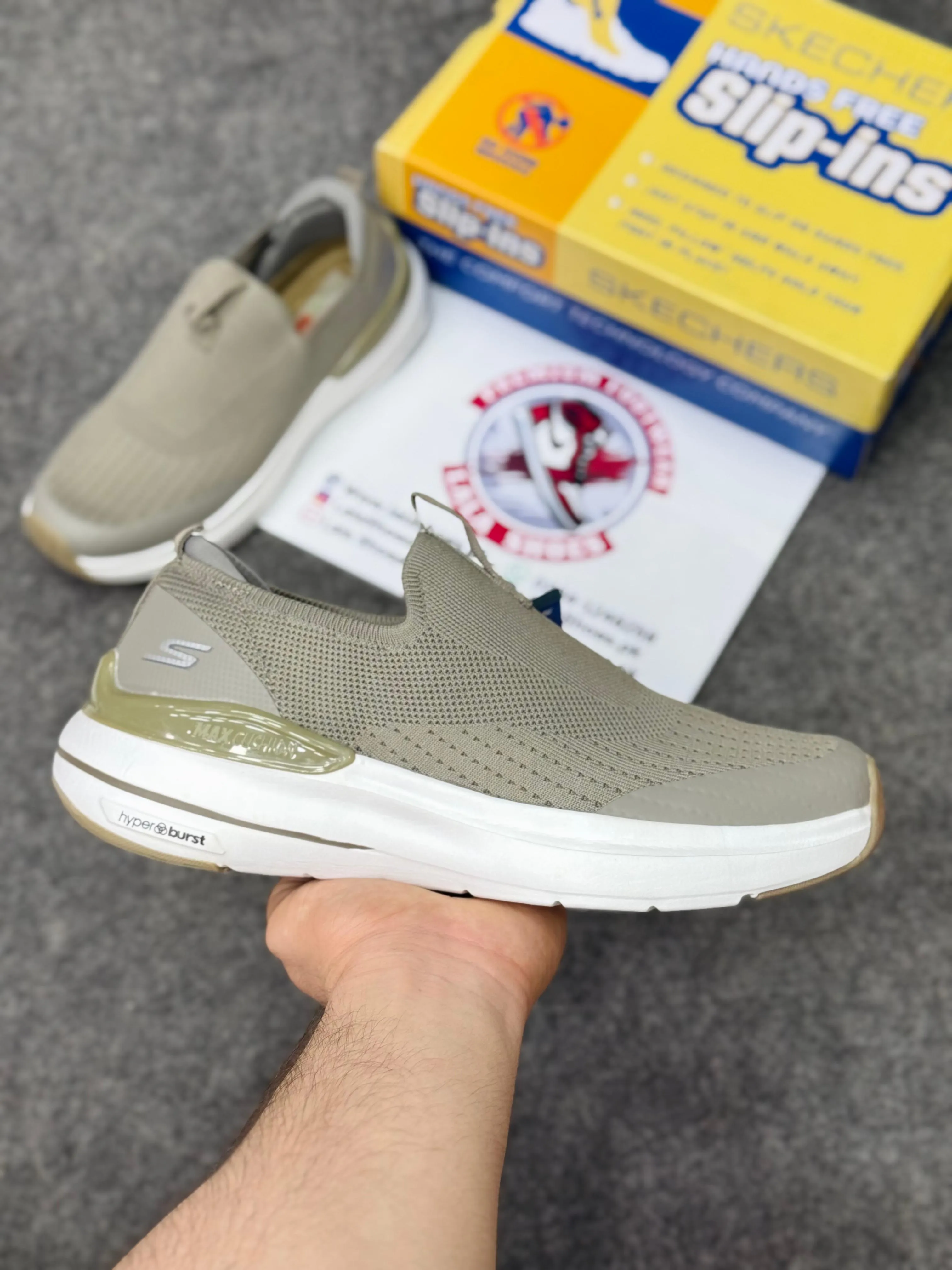 Skechers Slip-ins: Max Cushioning Hyper Burst Khaki white, Air-Cooled Memory Foam Best Running Shoes For Wide Toe Box