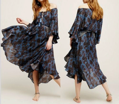 SALE 50% OFF Off The Shoulder Boho Maxi Dress "The Island Life" Bell Sleeves Lace Up Front Dark Blue And Black Print Sizes Small Medium Large Or Extra Large Maxi Dress For Broad Shoulders