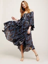 SALE 50% OFF Off The Shoulder Boho Maxi Dress "The Island Life" Bell Sleeves Lace Up Front Dark Blue And Black Print Sizes Small Medium Large Or Extra Large Tiered Smock Maxi Dress