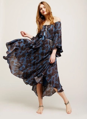 SALE 50% OFF Off The Shoulder Boho Maxi Dress "The Island Life" Bell Sleeves Lace Up Front Dark Blue And Black Print Sizes Small Medium Large Or Extra Large Pebble Crepe Flutter Sleeve Maxi Dress