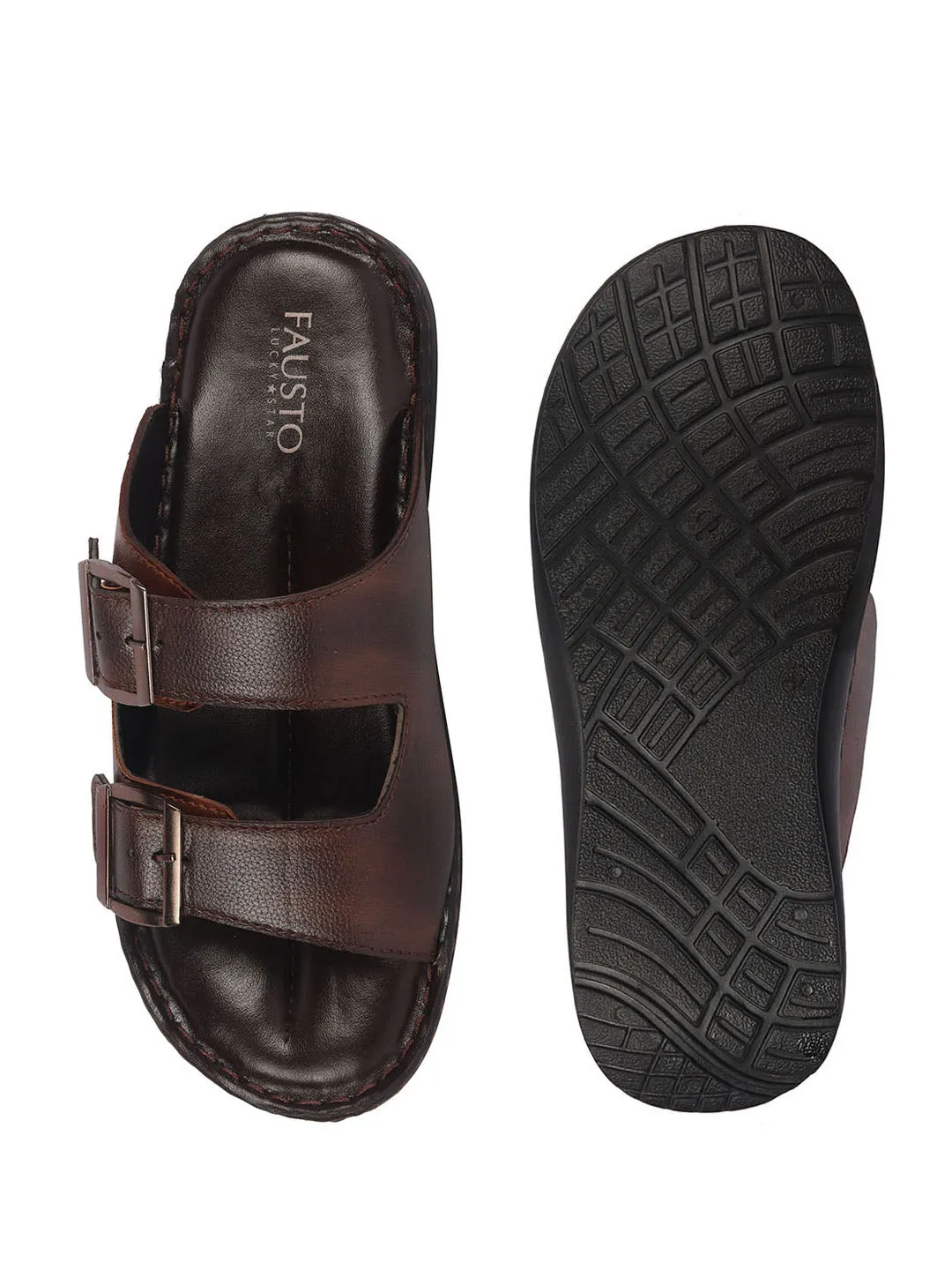 Agent Login Men Tan Open Toe Broad Feet Double Adjustable Strap Ethnic Kurta Slip On Sandals|Anti-Skid Sole Slippers|Memory Cushion Insole