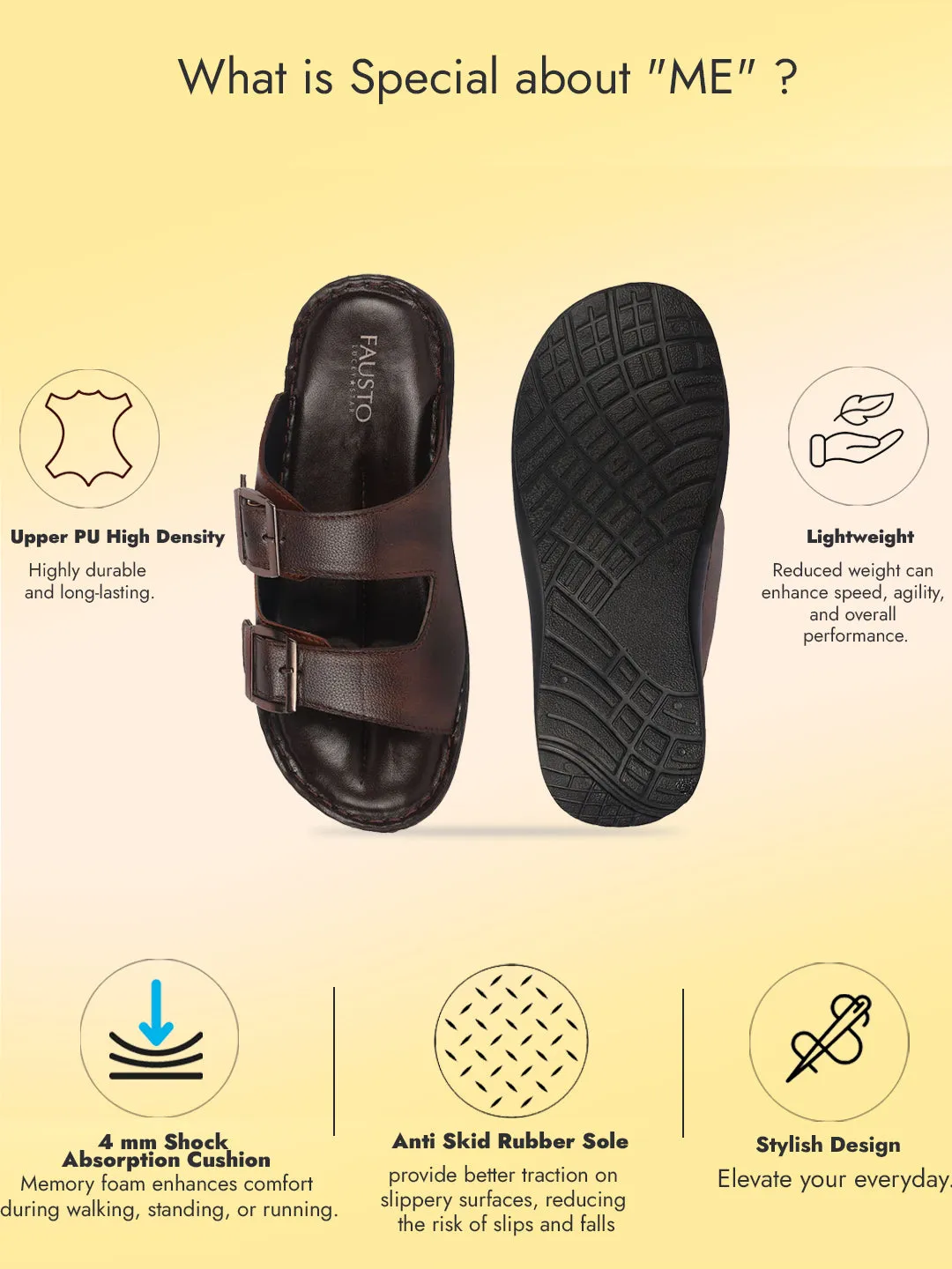 Men Tan Open Toe Broad Feet Double Adjustable Strap Ethnic Kurta Slip On Sandals|Anti-Skid Sole Slippers|Memory Cushion Insole Judy Sandals