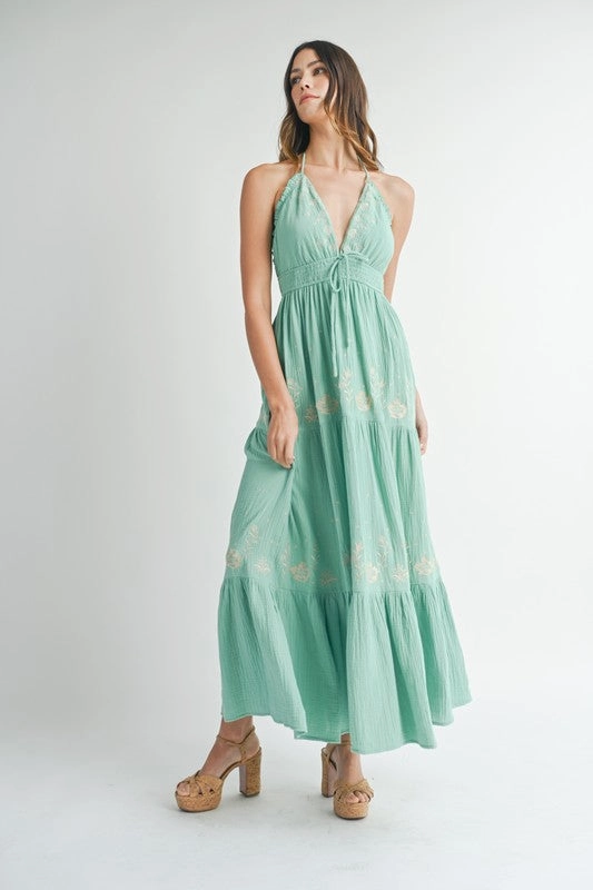 Maxi Dress House Of Cb Seagreen Gauze Floral Embroidered Maxi Dress