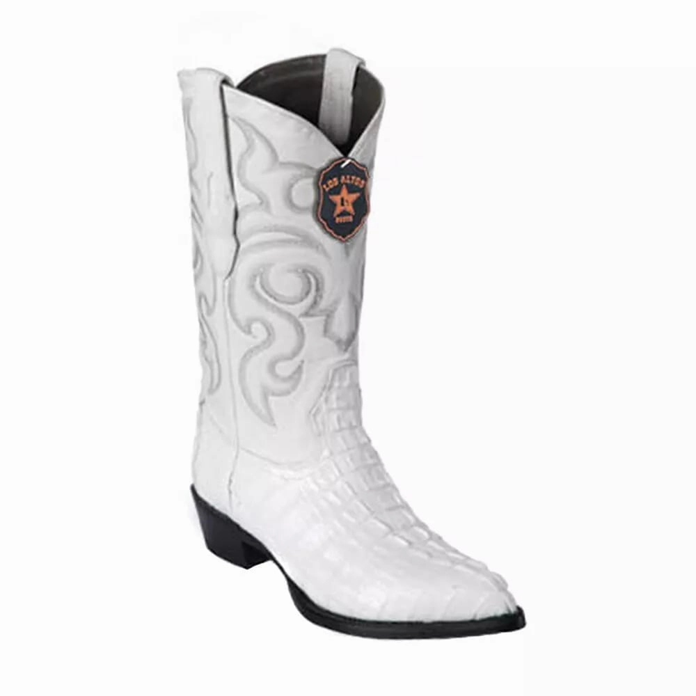 Horse Ice Boots J Toe Cowboy Boots - J Toe Western Boots - Los Altos White J-Toe Genuine Caiman Tail