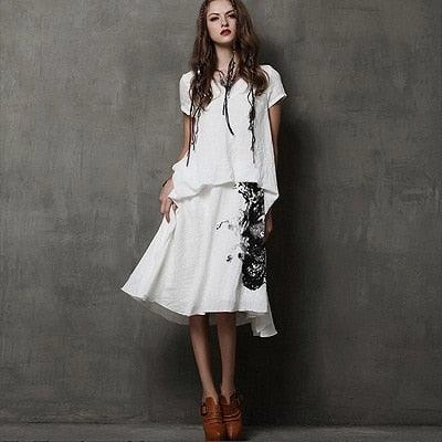 Short Sleeve V-Neck Ink-Painting Print Maxi Dresses Length Maxi Dress