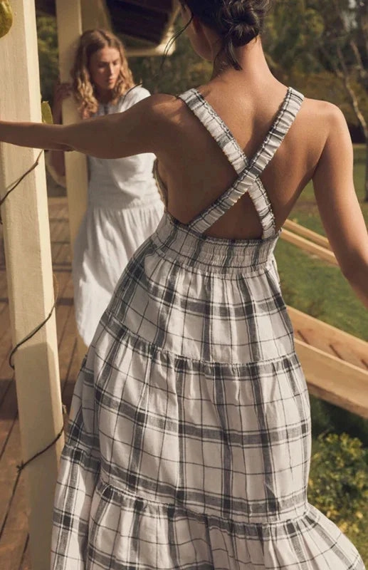 A-line Midi Dress with V-Neck and Tiered Gingham Layers Plus Floral Midi Dress
