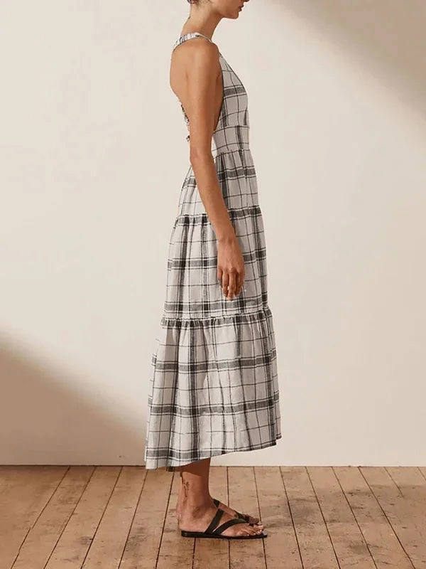 A-line Midi Dress with V-Neck and Tiered Gingham Layers Crew Neck Floral Embellished Midi Dress