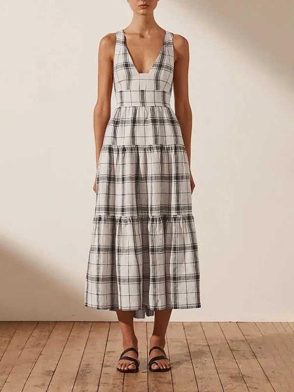 A-line Midi Dress with V-Neck and Tiered Gingham Layers Striped Midi Dress With Buttons