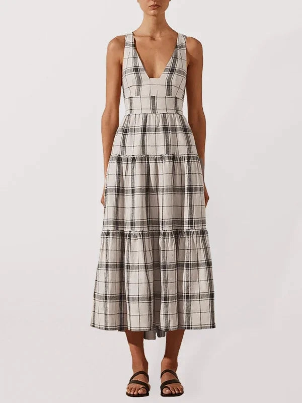High Neck Bodycon Midi Dress A-line Midi Dress with V-Neck and Tiered Gingham Layers