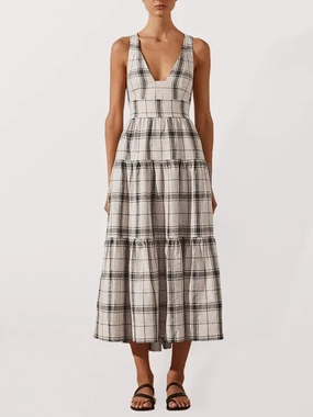 A-line Midi Dress with V-Neck and Tiered Gingham Layers And Pink Midi Dress