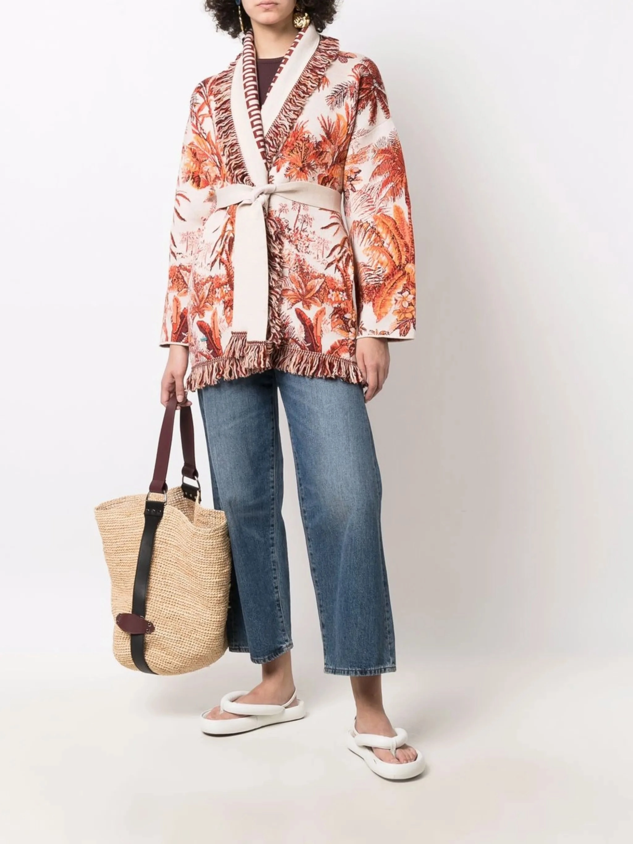 Oversize Knitwear belted intarsia-knit cardigan