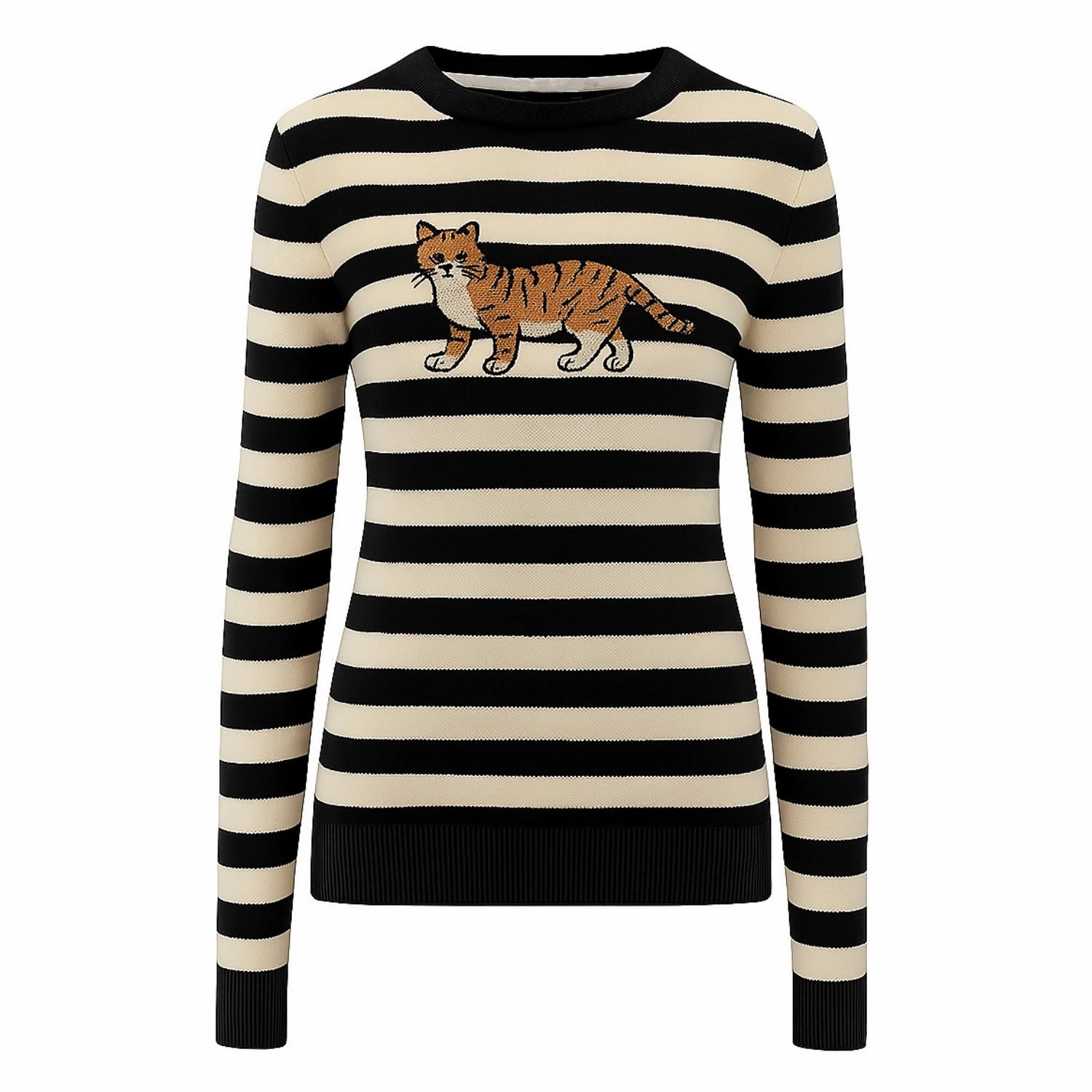 Women's black striped cat embroidered knitwear Sns Knitwear