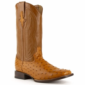 Ferrini Men's Colt Full Quill Ostrich Square Toe Boots Handcrafted - Cognac Brown Dress Boots