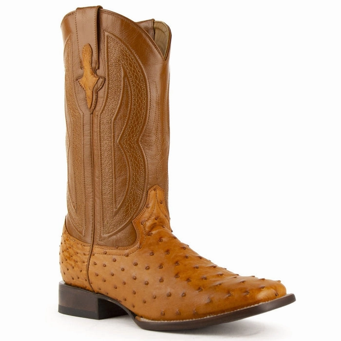 Rock Boots Ferrini Men's Colt Full Quill Ostrich Square Toe Boots Handcrafted - Cognac