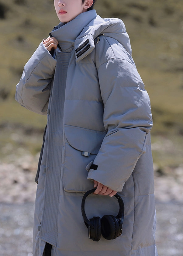 Long Hooded Coats Modern Grey Hooded Button Pockets Duck Down Men Down Coats Winter RJ017