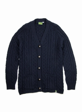 British Wool Long Aran Cardigan with Leather Buttons Arte Knitwear