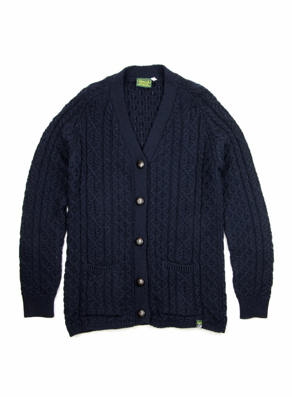 British Wool Long Aran Cardigan with Leather Buttons Shetland Knitwear Uk