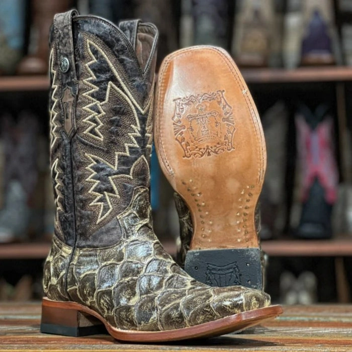 Men's LaGrange Print Monster Fish Square Toe Boots Brown Silver Cowgirl Boots