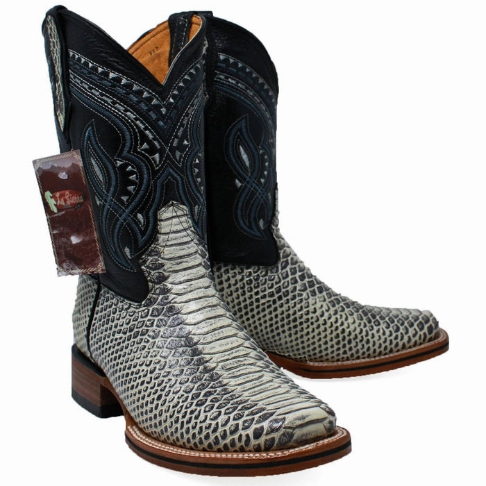 Men's Python Print Leather Square Toe Boots - Natural Pearl Boots