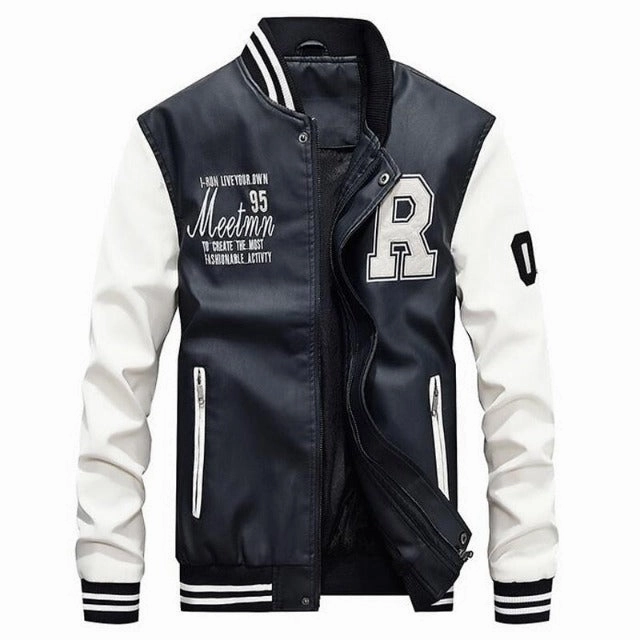 Varsity Style Faux Leather Embroidery Bomber Jacket 3 4 Length Leather Coats
