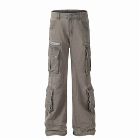Wide Leg Cargo Pants Pattern Solid Color Casual Multi-pocket Denim Jean Cargo Pants women