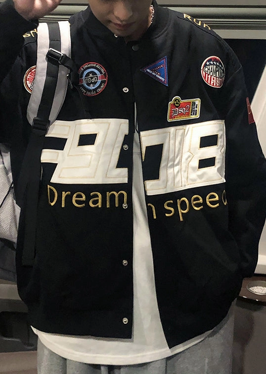 Short Puffer Coats Spring Coats Cotton Black Unique Men TC006 Embroideried Patchwork