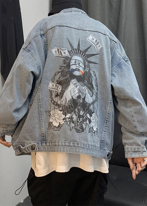 Spring Men Coats Navy French TC041 Pockets Button Denim Print