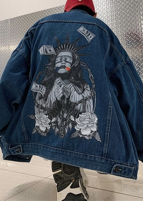 Spring Men Coats Navy French TC041 Pockets Button Denim Print Best Wedding Coats