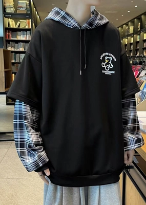 Spring Sweatshirts Patchwork Hooded Stylish Mens Cotton Black Get Sweatshirts Made