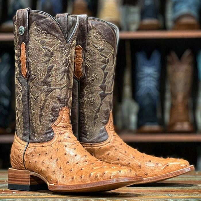 Casual Snow Boots Men's Genuine Full Quill Ostrich Square Toe Boots MD Saddle