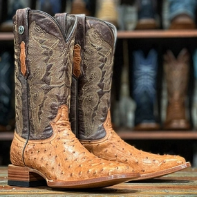 Ankle Boots To Wear With Leggings Men's Genuine Full Quill Ostrich Square Toe Boots MD Saddle