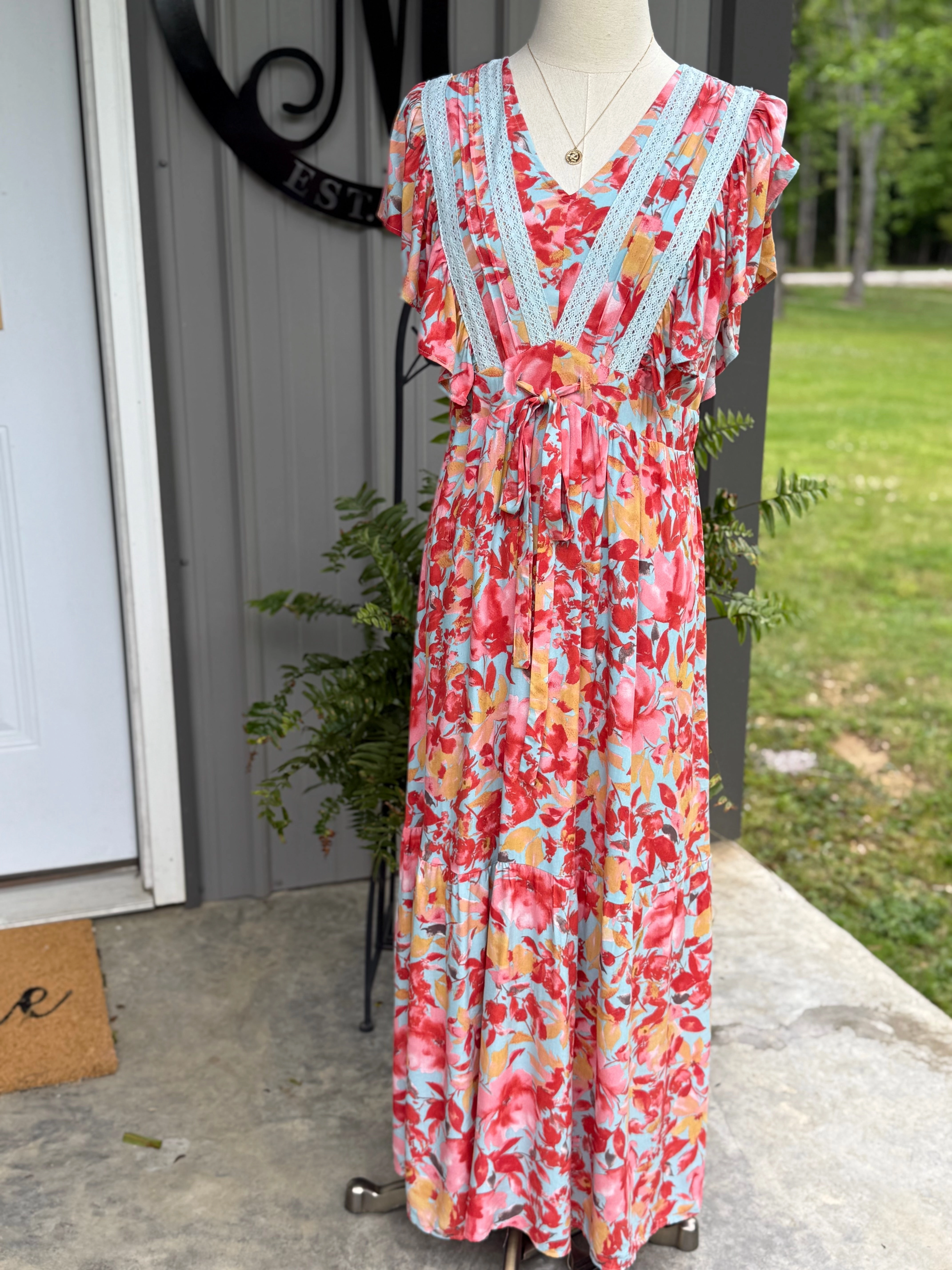 Jenny Floral Midi Dress Lace Up Front Midi Dress