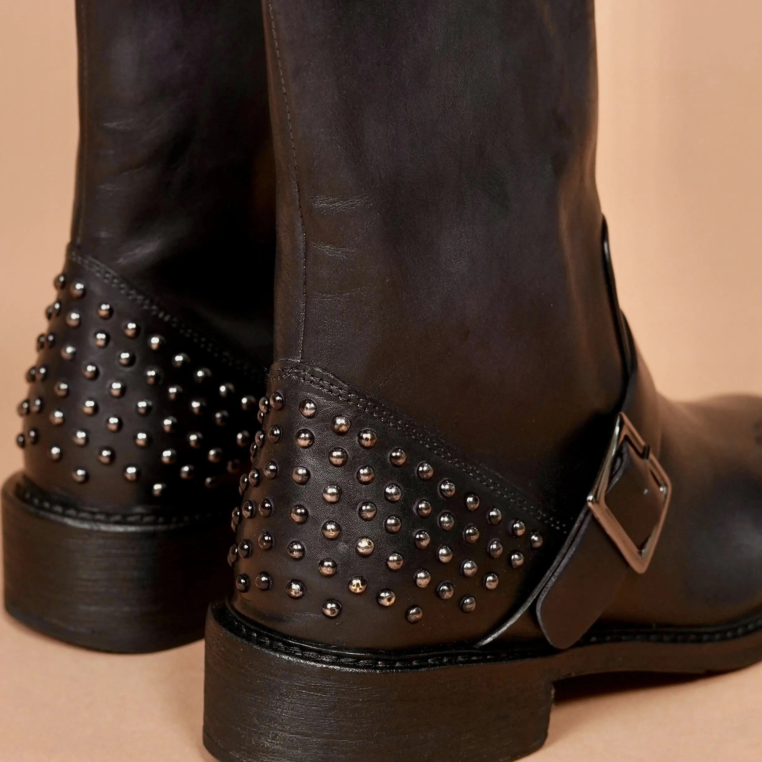 Fur Knee High Boots Stivali Donno Nero Riveto  Womens Studded Grey-Black Leather Boots | dmodot